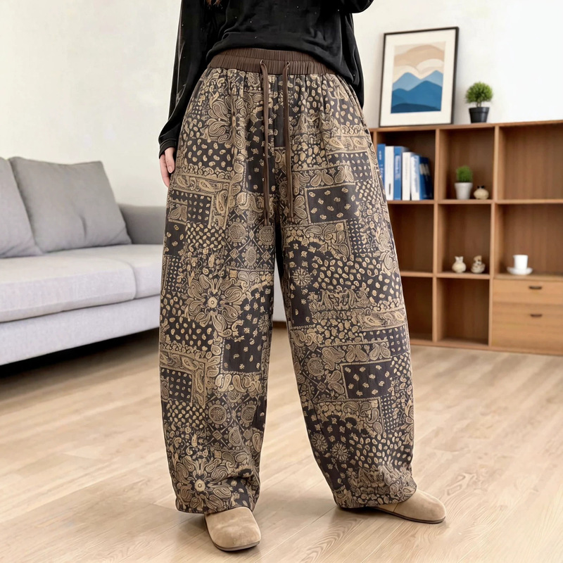 2026 Autumn New Style Vintage Print Patchwork Distressed Twill Linen Pants Loose High-Waisted Tie-Waist Straight-Leg Pants for Women