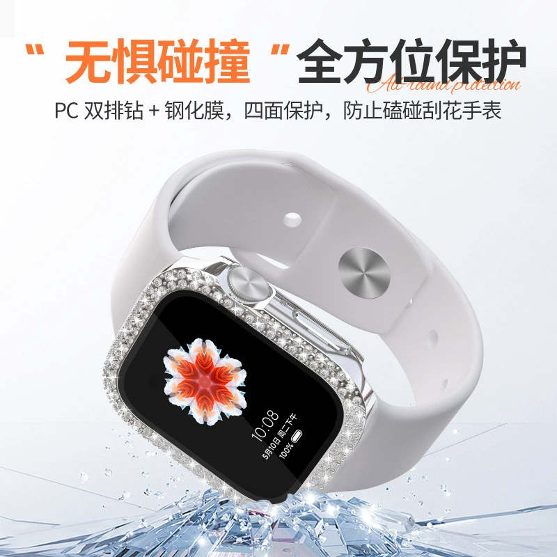 Защитный чехол для Apple Watch 10, совместимый, двойной ряд инкрустации кристаллами, ПК с закаленной пленкой, интегрированный корпус для часов