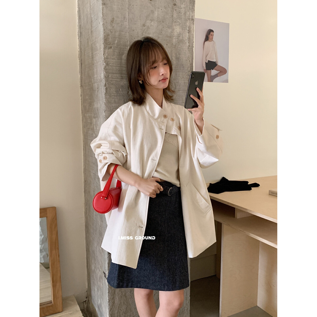 I MISS韩标设计感立领棉麻中长款风衣女2025春季韩系宽松休闲外套