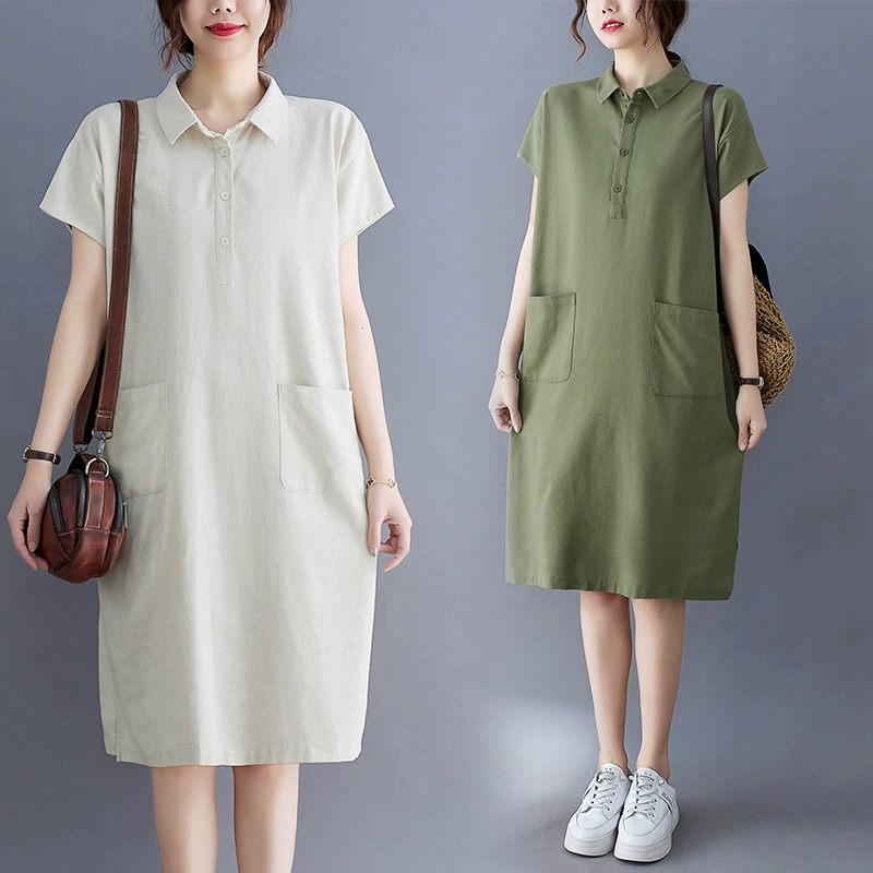 Настоящее Лето 2021, элегантное универсальное свободное повседневное художественное платье-рубашка средней длины из хлопка и льна с воротником поло больших размеров для женщин