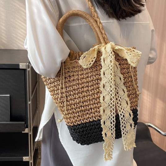 Fresh And Natural Women's Handbag New Korean Version Silk Scarf Shoulder Straw Holiday Style Beach Woven Bag_voghion.com