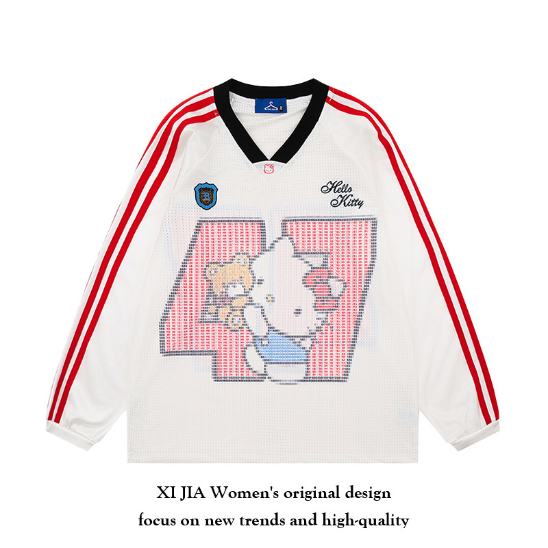 American Retro Cartoon Hello Kitty Long Sleeve T-Shirt Women's 2025 Patchwork Loose Sports Style Jersey Breathable Top American Retro Cartoon Hello Kitty Long Sleeve T-Shirt Women's 2025 Patchwork Loose Sports Style Jersey Breathable Top