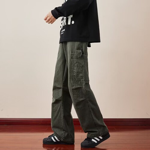 American Street Work Pants for Men - Fall/Winter Retro Washed Casual Trousers - Trend Brand Wide Leg Straight Leg Long Pants