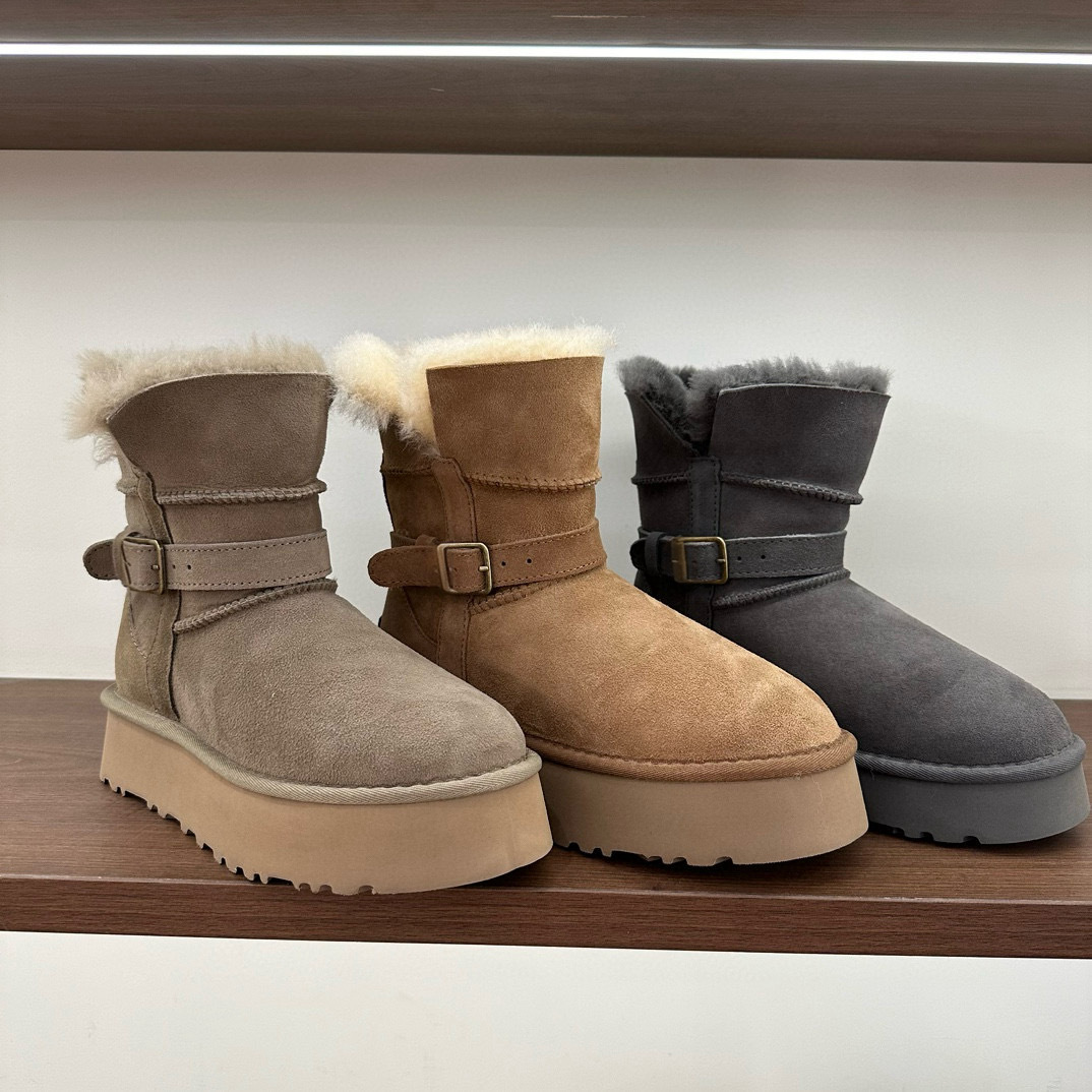 桑坡新款厚底高筒骑士羊毛靴皮扣羊皮毛一体铁扣女款雪地靴冬季款