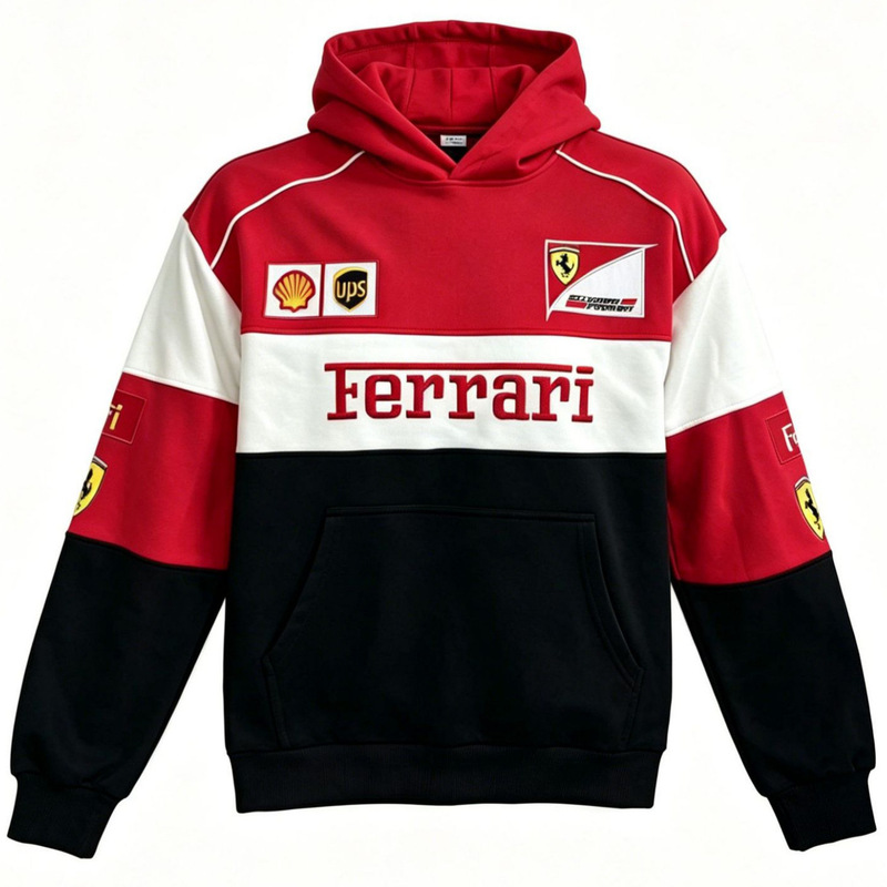 F1 racing suit Ferrari hooded sweatshirt with embroidered patchwork and contrasting colors, custom American-style cycling jacket F1 racing suit Ferrari hooded sweatshirt with embroidered patchwork and contrasting colors, custom American-style cycling jacket