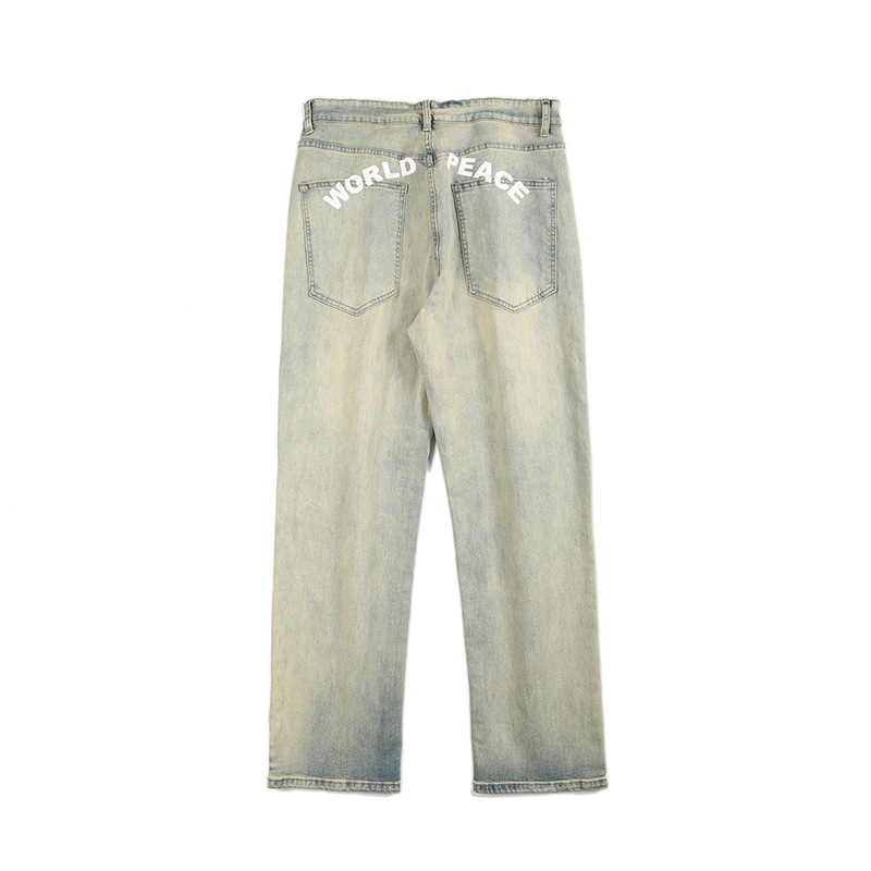 Lktm ropa de hombre # amarillo barro teñido apenado lavado impreso jeans hombres Vibe High Street Europa y América marca moda Pantalones rectos