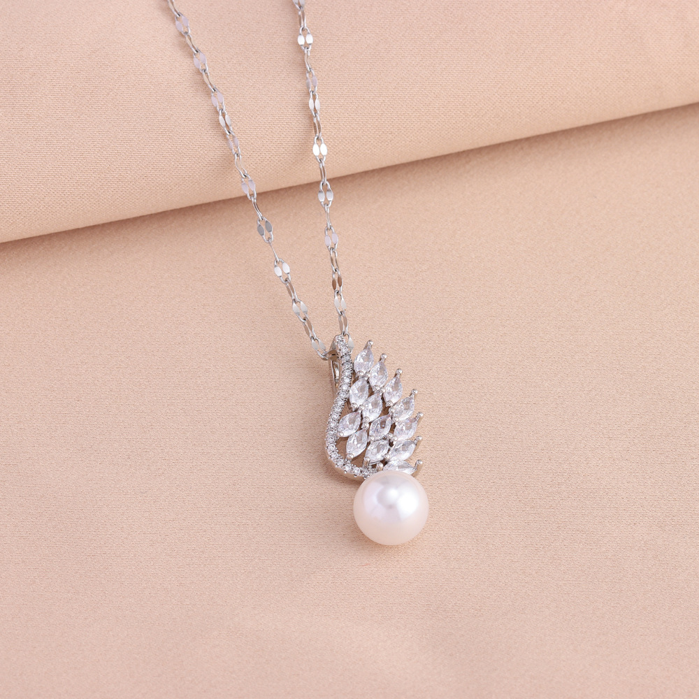 Mode retro temperament silber volle zirkonium feder fransen perle anhänger halskette ohrring set schmuck_voghion.com