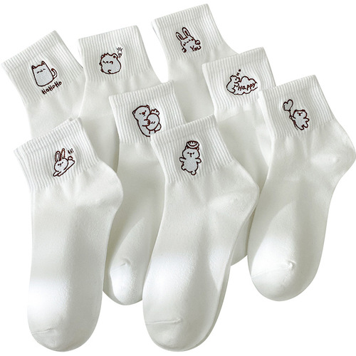Socks for women spring and summer pure cotton medium socks Japanese solid color cute cartoon rabbit embroidered women's socks