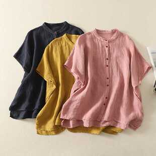 Real Shot of 2025 Summer New Cotton and Linen Pure Color Chinese Style Large Size Loose Casual Short-Sleeved Tops for Women