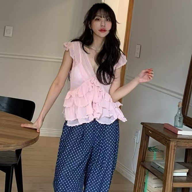 Korean Chic Summer New French Retro Cute Age-Reducing Slightly See-Through Flying Sleeve Shirt Women's Korean Short Top