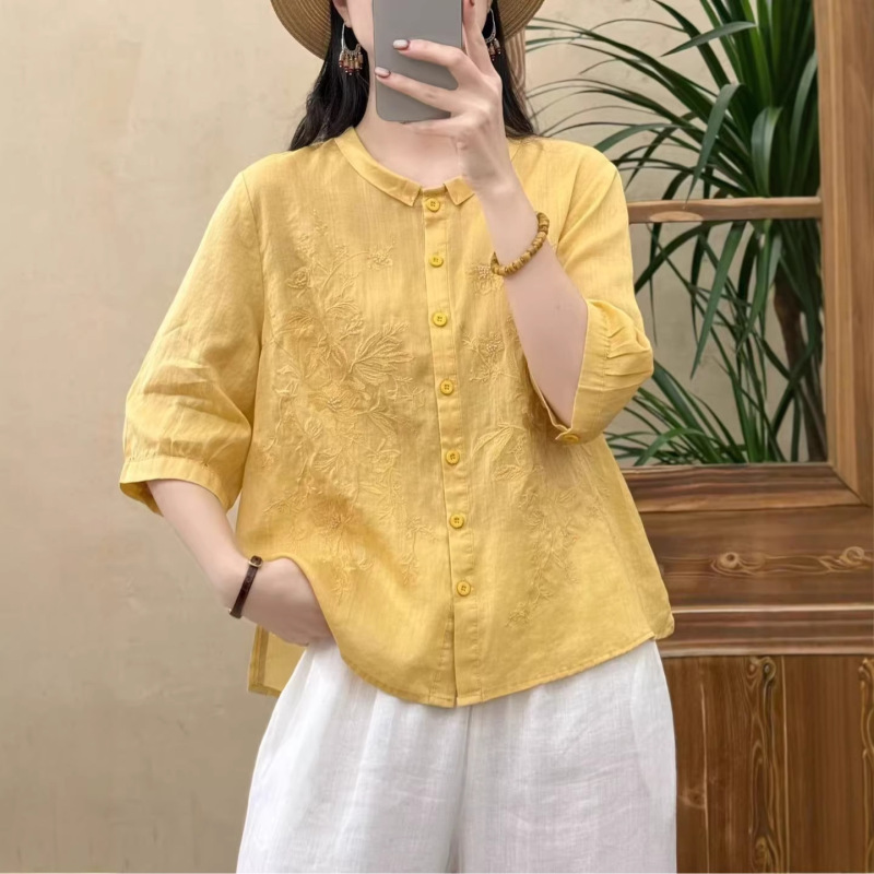 2026 Summer New Vintage Artistic Embroidered Ramie Shirt for Women, Loose Fit, Elegant Single-Breasted Versatile Cardigan Top