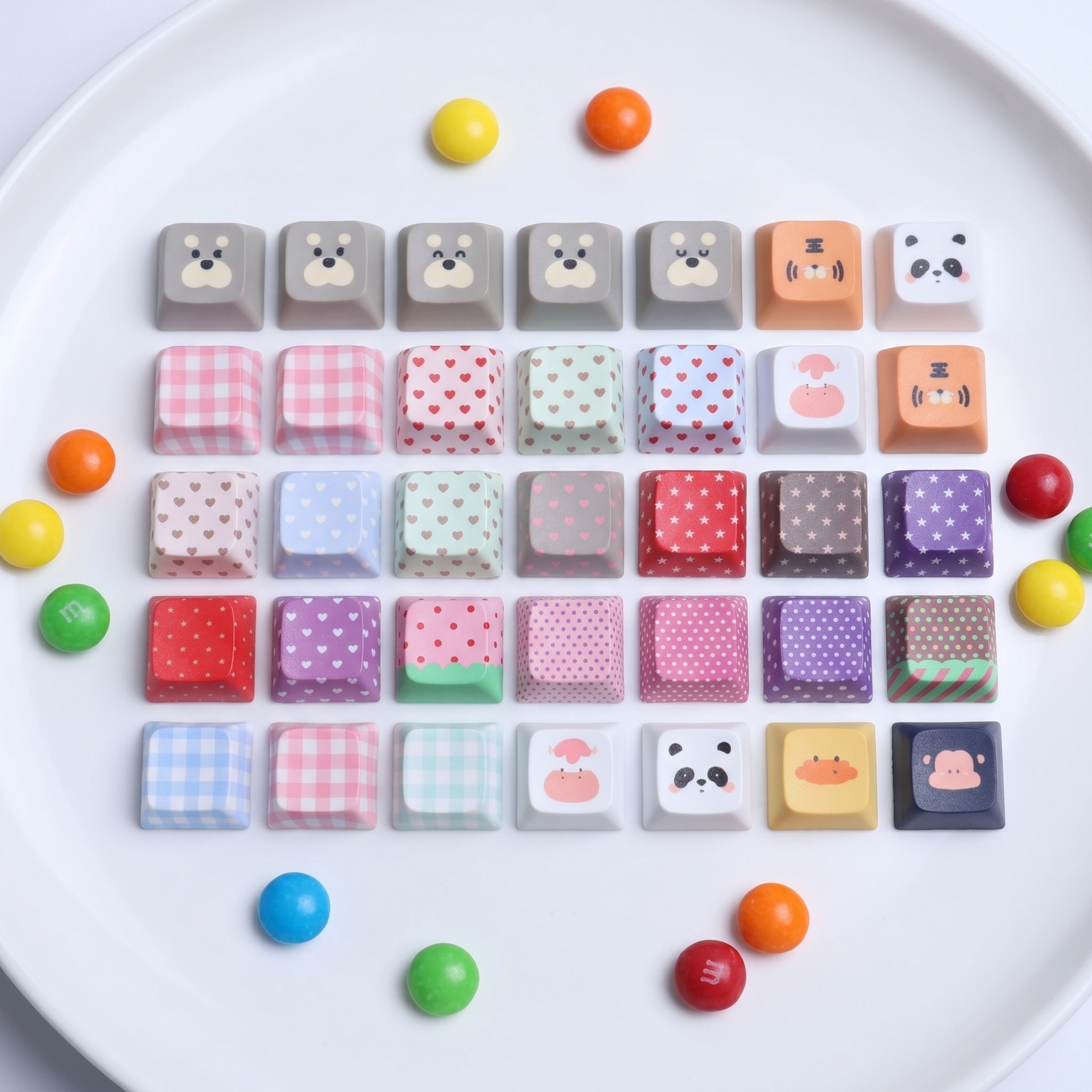 Cat Ear Bear Head Original Colorful Plaid Polka Dot Square Keycap Pendant Toy Stress Relief Ornament Keychain