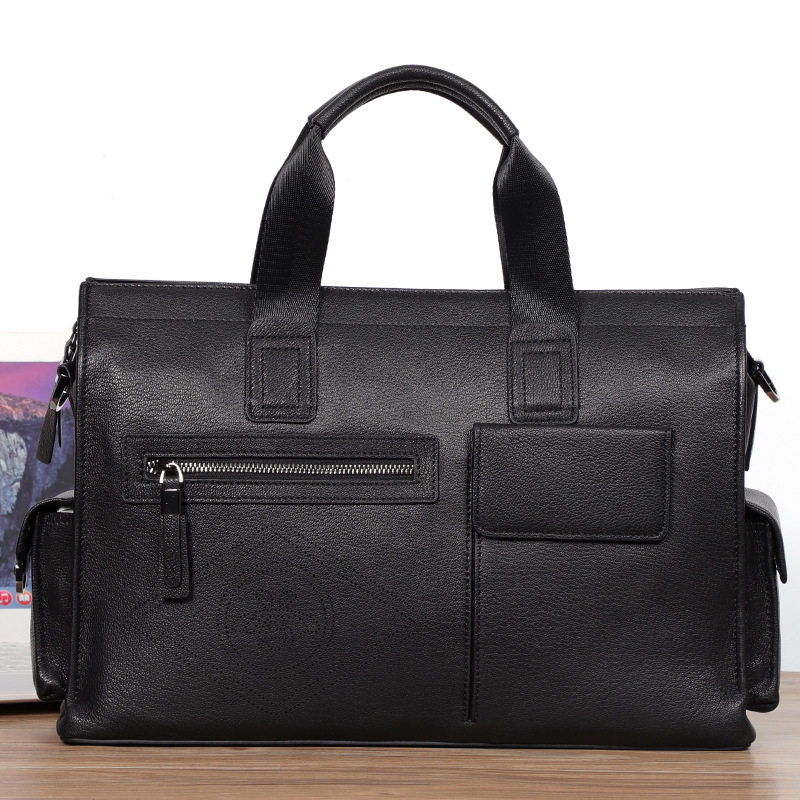 Túi xách tay nam da bò thật dung tích lớn 40×13×29 cm, đựng tài liệu và laptop 15,6 inch — Dây kéo dọc da bò màu đen, Dây kéo ngang da bò màu đen, Da cừu lớp đầu màu đen