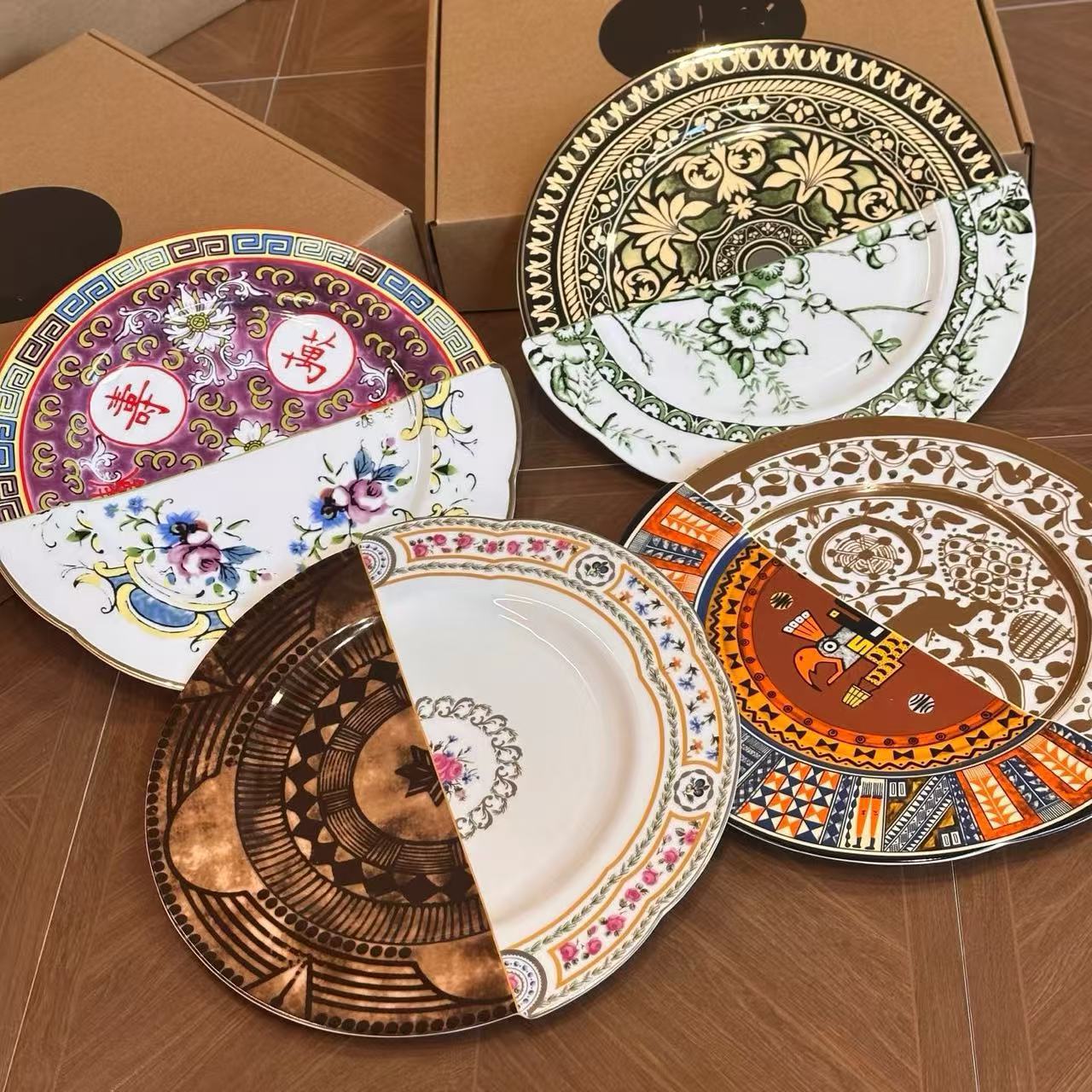 轻奢意大利中西合璧骨瓷釉下彩餐盘27.5cm礼盒包装送礼自用