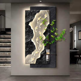 水培绿植玄关装饰画九鱼图走廊带灯立体挂画竖版发光灯画批发代工