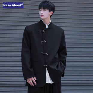 NASA中式国潮金属盘扣衣服西装加肥大码潮流宽松黑色中山装秋季款-阿里巴巴