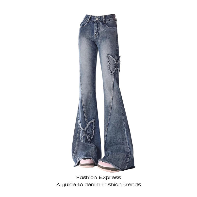 Plus-Size American Retro Butterfly Embroidery Flared Jeans for Women, Popular Spring and Autumn High-Waisted Floor-Length Pants for Curvy Figures