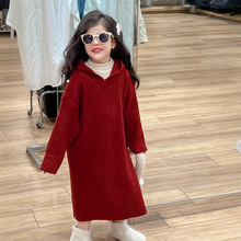 韩国童装女童秋冬宽松安哥拉红色连帽加厚套头中长款毛线衣外贸