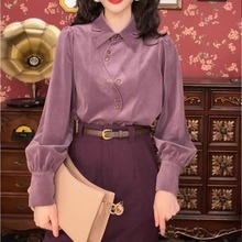 港风复古高级感紫色灯芯绒衬衫2023新款女长袖衬衣加绒半身裙套装