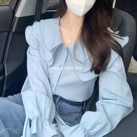 蓝色娃娃领雪纺衬衫女早春设计感小众荷叶边衬衣法式减龄漂亮小衫