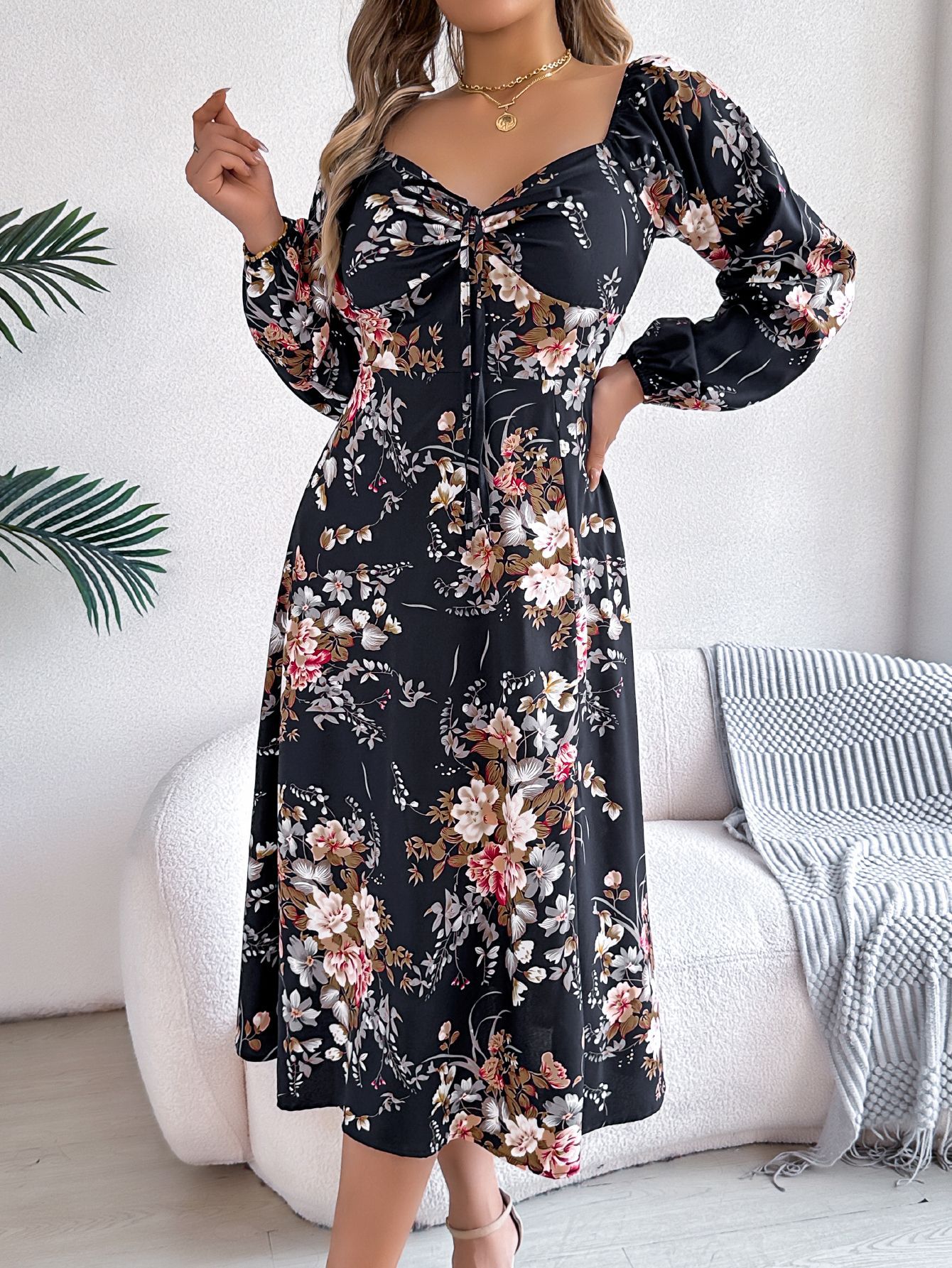 Spring Summer Sexy Lace up Knot Floral Long Sleeve Split Dress Women Clothing 7 Spring Summer Sexy Lace up Knot Floral Long Sleeve Split Dress Women Clothing