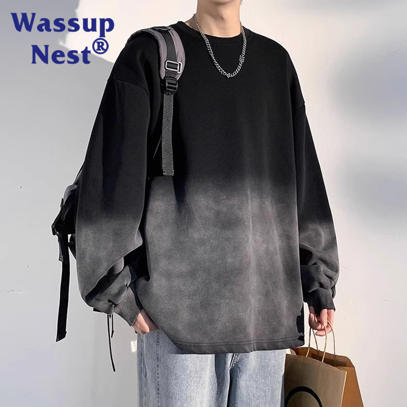 WASUUP Gradient Tie-Dye Long-Sleeved T-Shirt Men's Spring and Autumn All-Match Round Neck Summer Sweatshirt Base Top Clothes