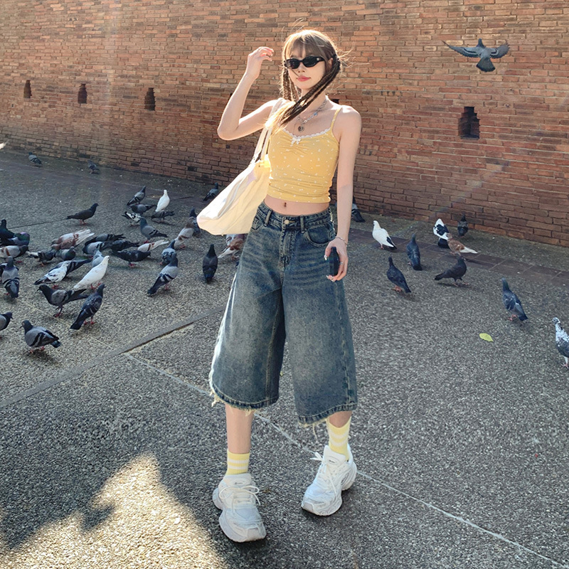 Orange Silk Women's Wear# American Vintage Denim Shorts 2025 Summer Straight Wide Leg A Middle Waist Grinding Pants Orange Silk Women's Wear# American Vintage Denim Shorts 2025 Summer Straight Wide Leg A Middle Waist Grinding Pants