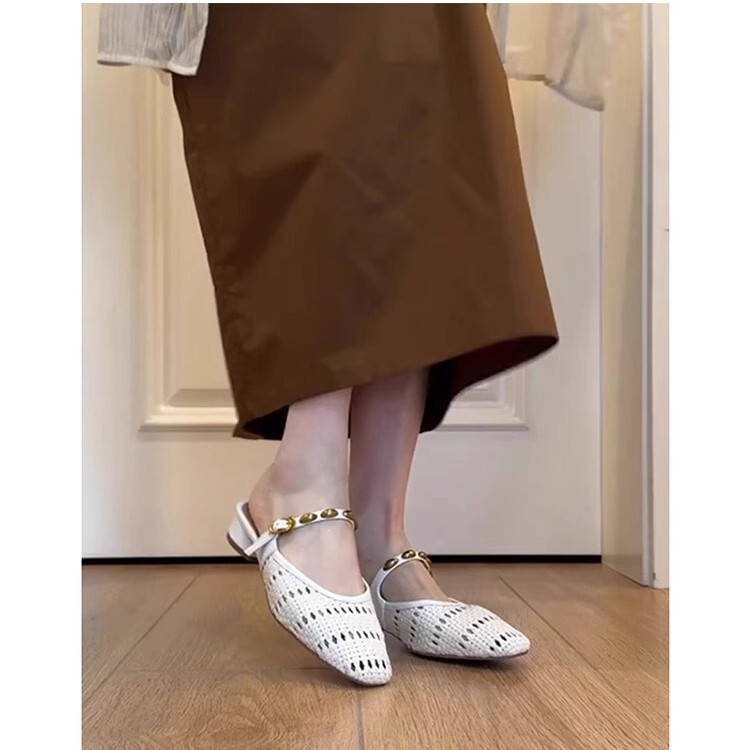 Soft Goatskin Woven Cut Out Toe-Cap Half Slippers for Women's Summer Outer Wear French Flats Roman Sandals Lazy Mule Slippers Soft Goatskin Woven Cut Out Toe-Cap Half Slippers for Women's Summer Outer Wear French Flats Roman Sandals Lazy Mule Slippers