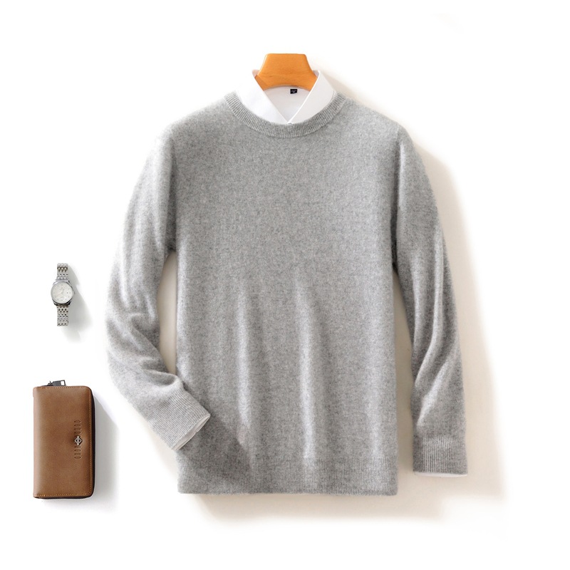 Casual round neck pure wool men's autumn and winter solid color pullover basic versatile knitted top base sweater_voghion.com