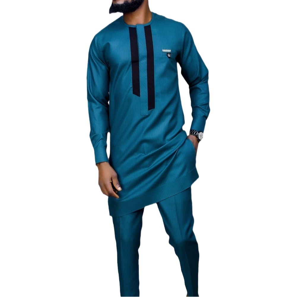 2023 мужской повседневный костюм в Африканском этническом стиле, комплект из 2 предметов, Однотонная рубашка с длинными рукавами и брючный костюм