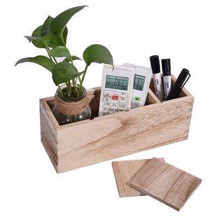 Customized Simple Retro Home Daily Four-Compartment Remote Control Storage Box Wooden Crafts Office Desk Pen Holder