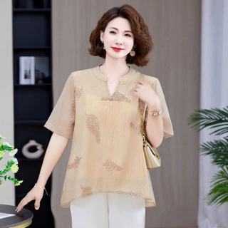 2025年新款衬衫短袖定制洋气妈妈夏装中老年妇女国风T恤休闲上衣