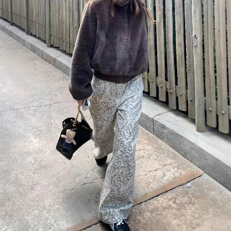 Autumn Leopard Print Retro Distressed Wide-Leg Jeans for Women, Loose Fit, Slimming, Drapey, Straight-Cut, Floor-Length Pants