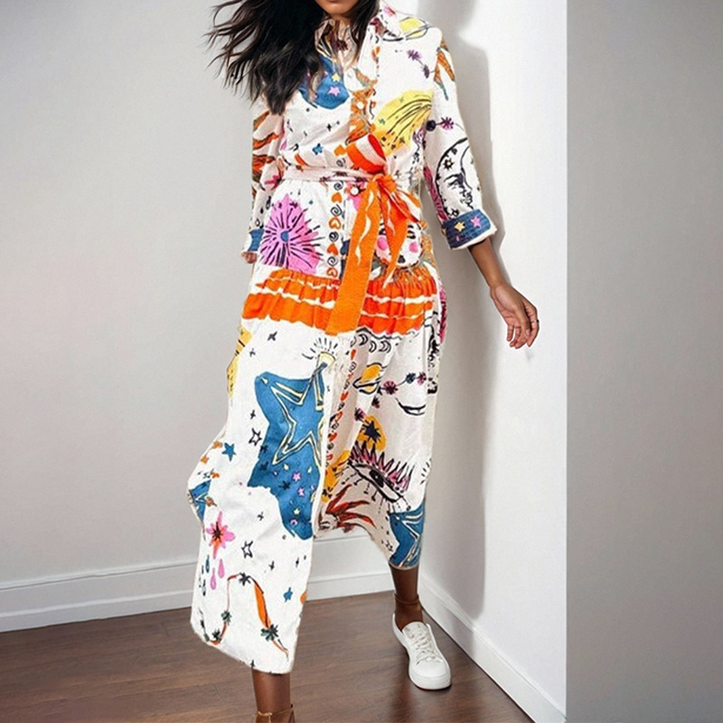 Women's Fashion Quirky Painted Pattern Design Side Slit Printed Long Sleeve Dress_ecoleips.com