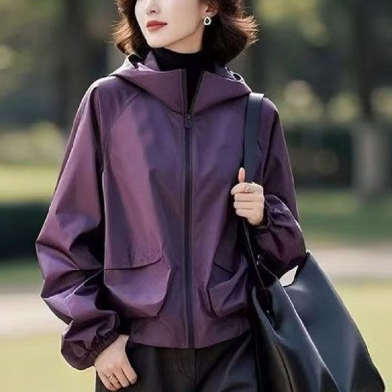2025 New Purple Jacket for Women, Spring and Autumn Thick Early Spring Short Korean Hooded Softshell Parka Trendy