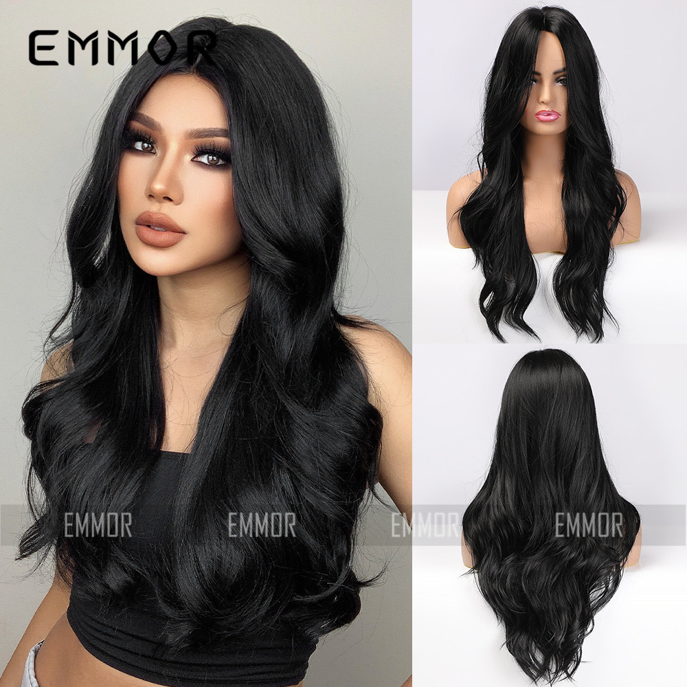 Mujeres europeas y americanas Amazon transfronterizo de fibra química de alta temperatura de seda negro medio grande onda larga rizado pelo europeo y americano peluca