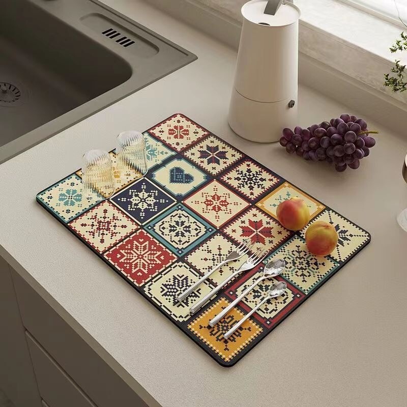 Retro Floral Tile Kitchen Diatomaceous Earth Draining Mat, Water-Absorbent Quick-Dry Non-Slip Mat, Restaurant Countertop Heat-Resistant Coffee Machine Table Mat Retro Floral Tile Kitchen Diatomaceous Earth Draining Mat, Water-Absorbent Quick-Dry Non-Slip Mat, Restaurant Countertop Heat-Resistant Coffee Machine Table Mat