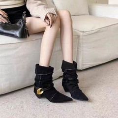 棕色时尚潮流复古尖头粗跟靴子女鞋2025新款秋季百搭增高显瘦短靴