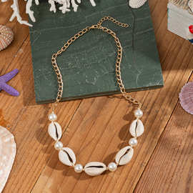 外贸简约珍珠贝壳项链海边度假风  海滩时尚锁骨链小众设计感百搭