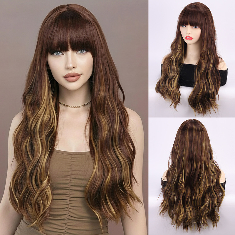 European and American Cross-Border Fashion Wigs for Women, Big Wavy Brown and Blonde Highlights, High-Temperature Synthetic Hair Wigs