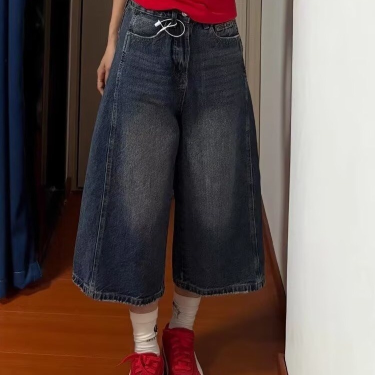 美式复古高腰七分牛仔裤女2025夏季薄款小个子显瘦宽松阔腿中短裤|undefined
