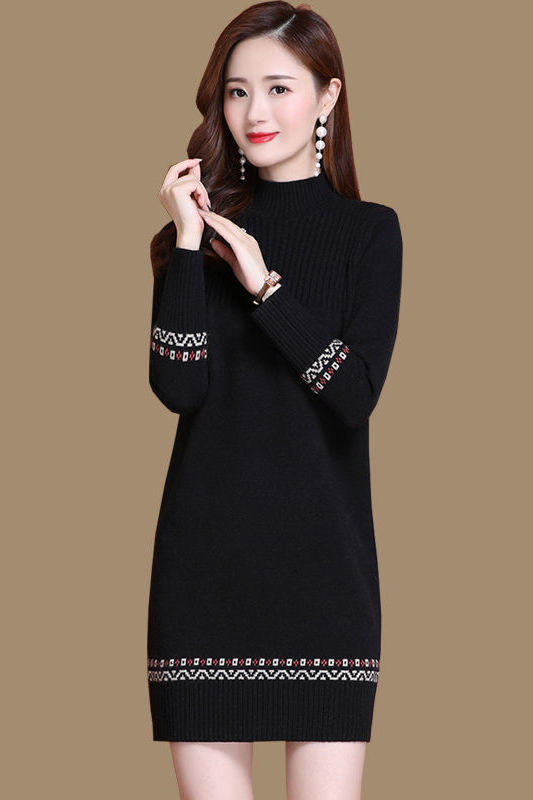 Ordos City Autumn and Winter Wool Sweater Women's Loose Thickened Knitted Bottoming Sweater Half Turtle Collar Mid-Length Dress