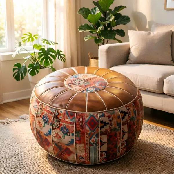 【Premium Selection】Bohemian Style Vintage Round Storage Ottoman Filled with Old Clothes, Leather Storage Stool
