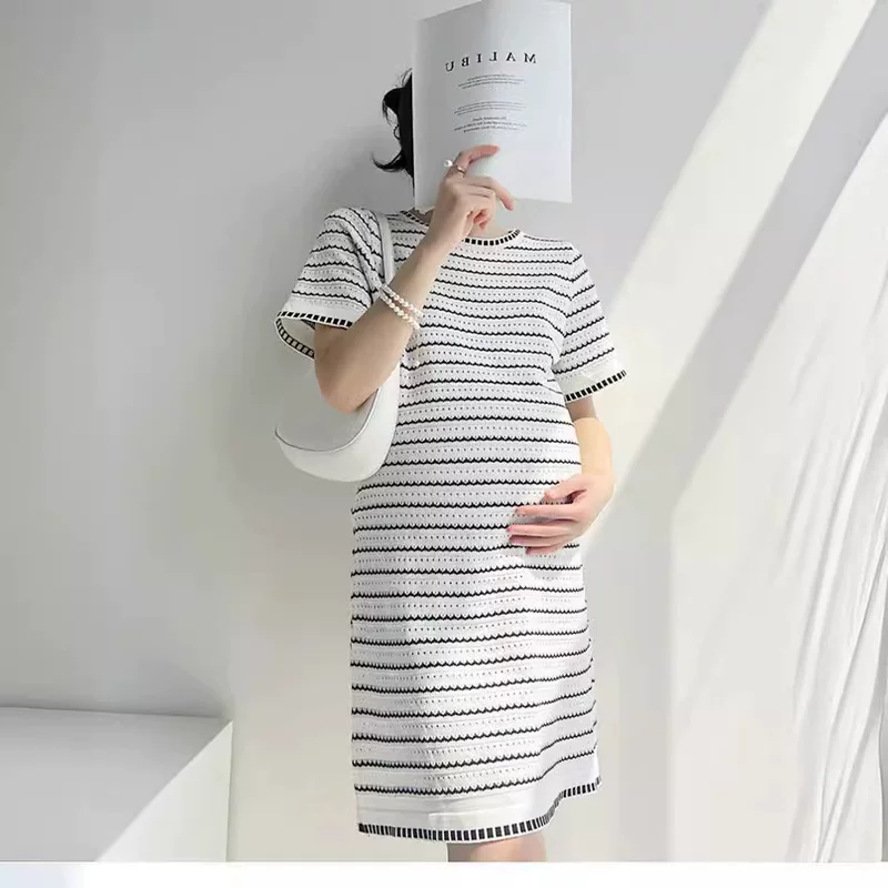 Летняя длинная юбка для беременных, тонкое вязаное платье, стиль Chanel, до середины бедра, с коротким рукавом, свободный крой