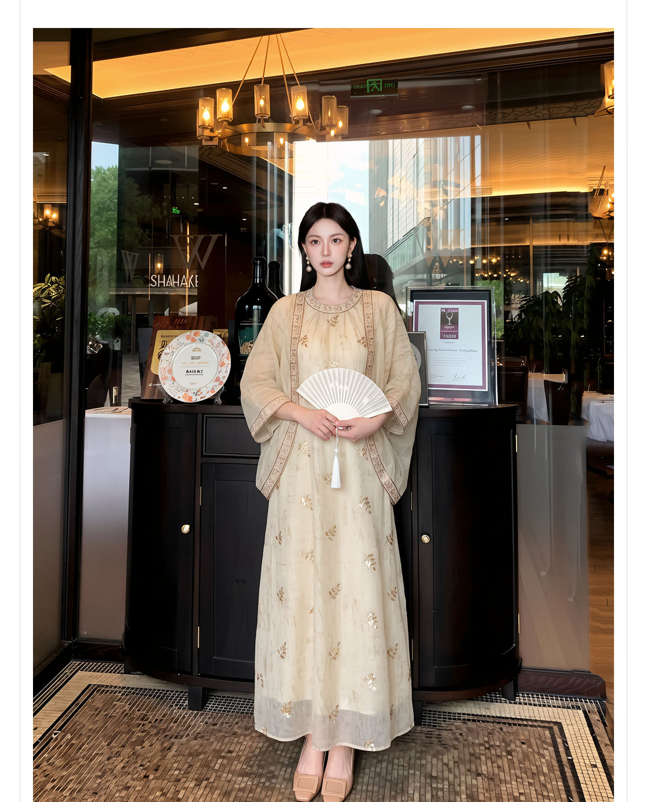 Bộ váy đầm maxi thắt eo phong cách tân cổ điển thêu hoa kết cườm — bộ đồ, váy liền, áo khoác chi tiết 3