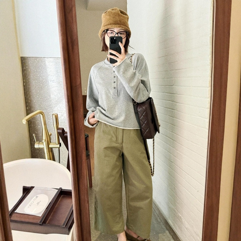 灰色卷边半纽扣设计感长袖T恤女2025新款秋季韩系穿搭慵懒风上衣|undefined