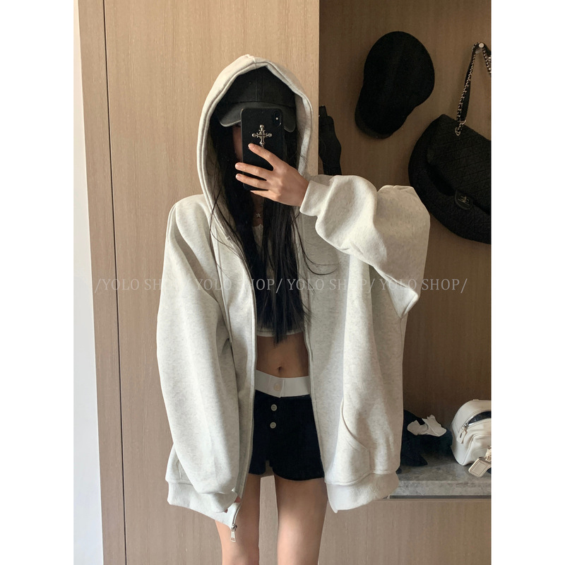 YOLO SHOP店主挚爱 慵懒风宽松连帽卫衣开衫外套秋重磅上衣#2858J|undefined