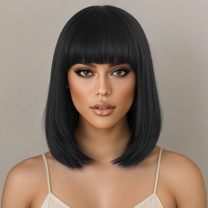 Synthetic Fiber Wig For Women Medium Length Straight With Bangs_voghion.com