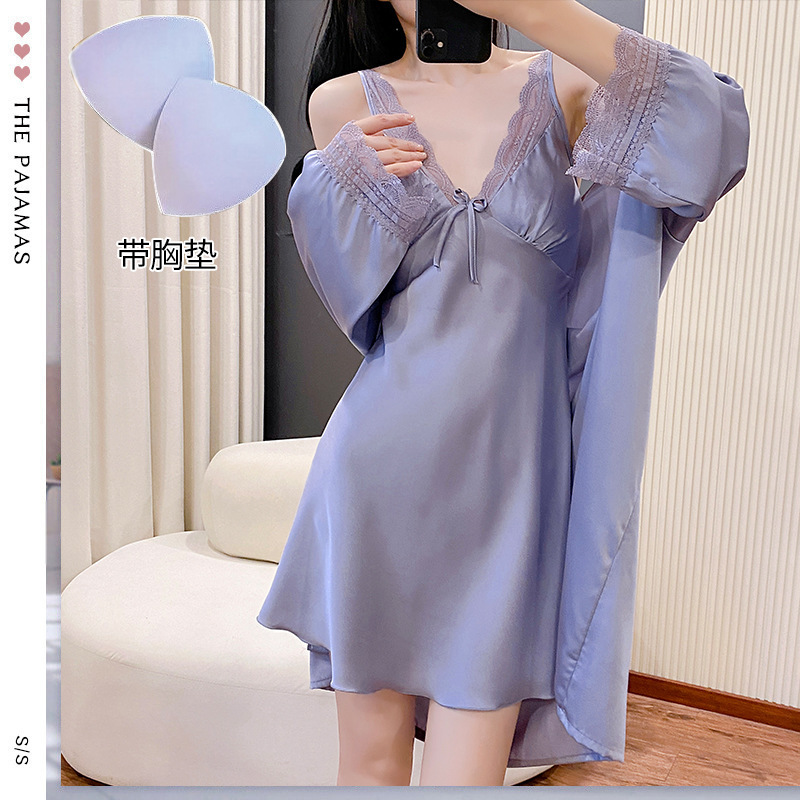 New Comfortable Pajamas for Women in Spring and Summer, Soft and Refreshing Suspenders, Sexy Nightgown with Breast Pads, Long-Sleeved Nightgown, Home Wear