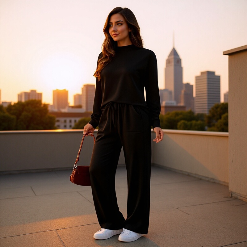 European and American Cross-Border Women's Two-Piece Home Wear Set with Faux Turtleneck Top and Wide-Leg Drawstring Pants with Pockets European and American Cross-Border Women's Two-Piece Home Wear Set with Faux Turtleneck Top and Wide-Leg Drawstring Pants with Pockets